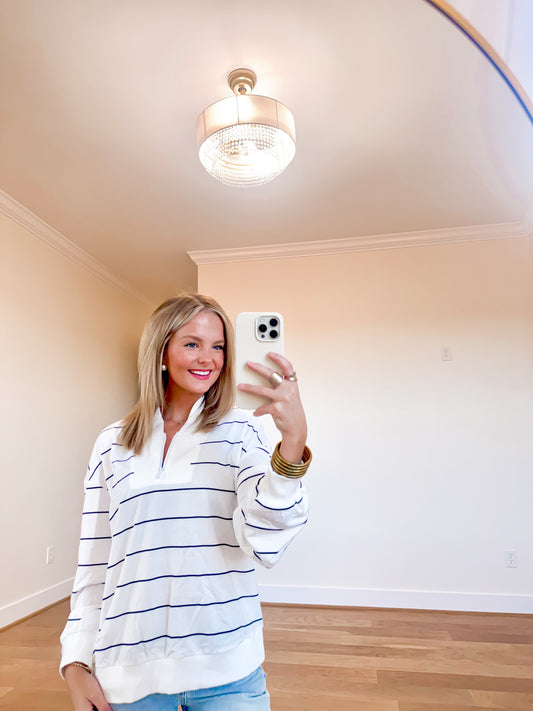 Stripe Zipped V-Neck Long Sleeve Top