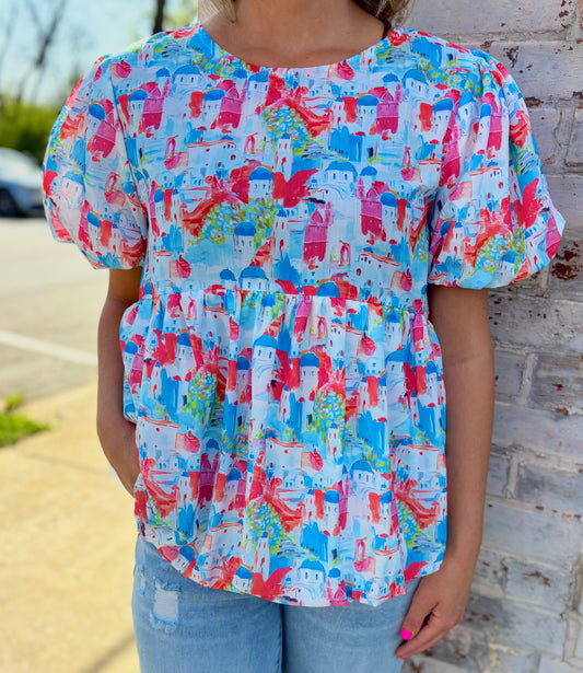 Abstract Puff Sleeve Babydoll Top