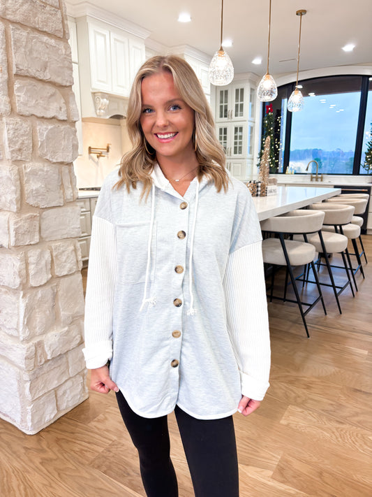 Contrast Button Down Hooded Sweatshirt Jacket