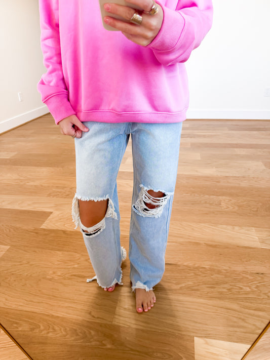 DISTRESSED HIGH-WAISTED STRAIGHT LEG JEANS