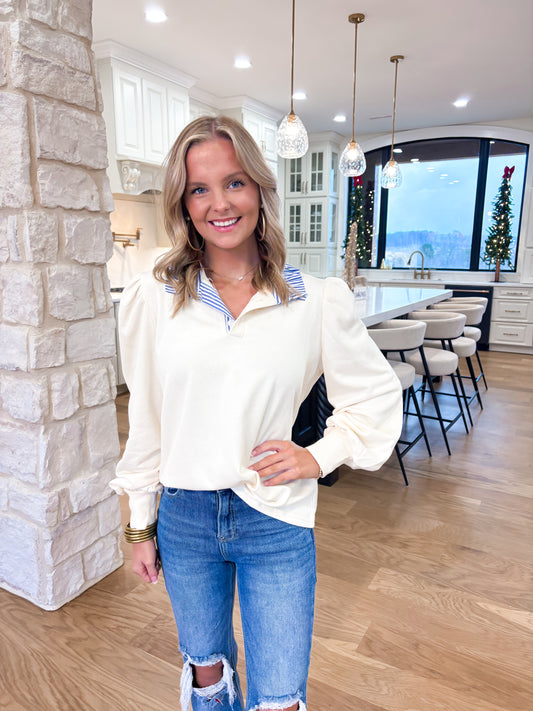 Button Striped Collar Puff Sleeve Sweatshirt