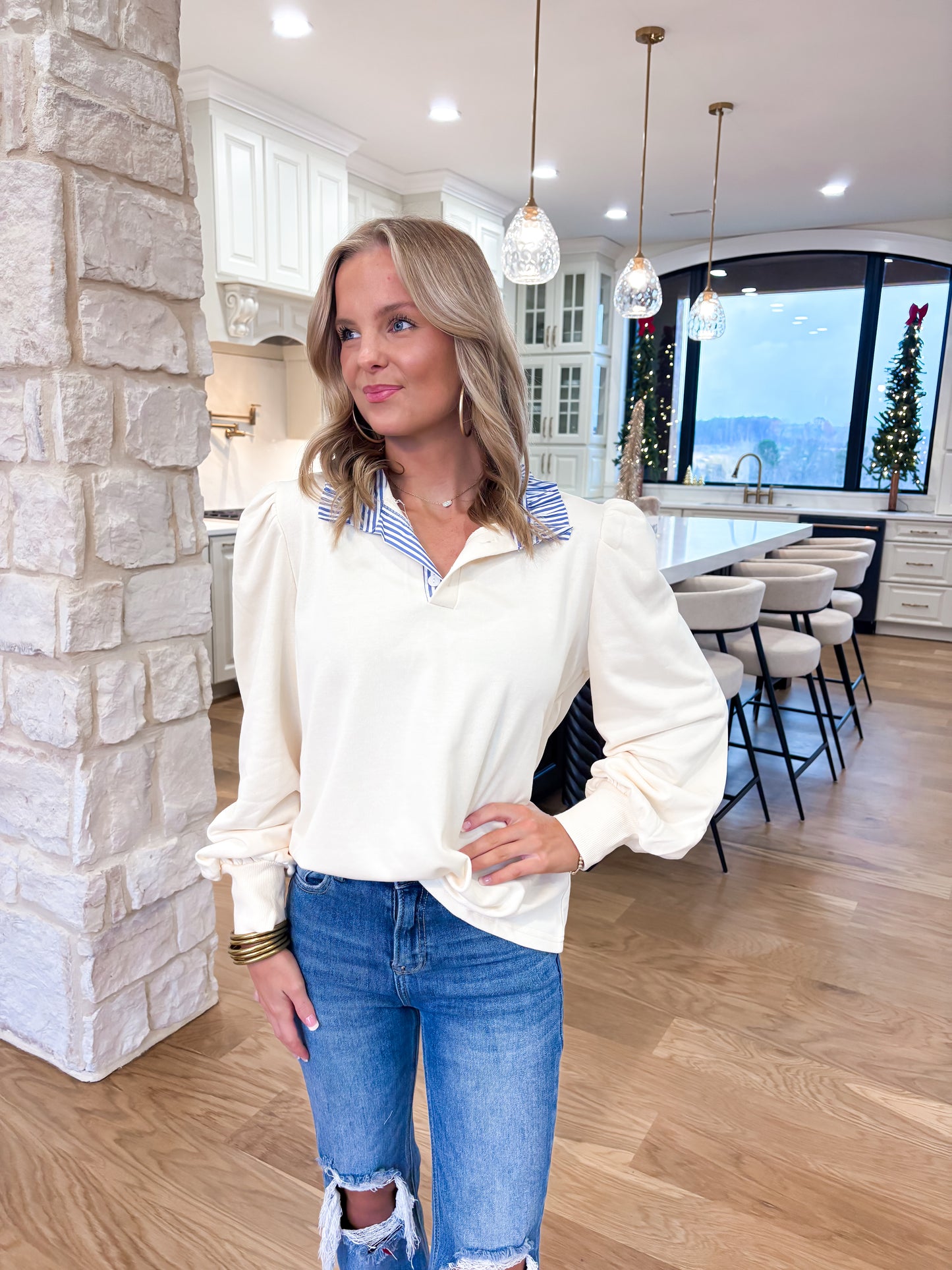 Button Striped Collar Puff Sleeve Sweatshirt