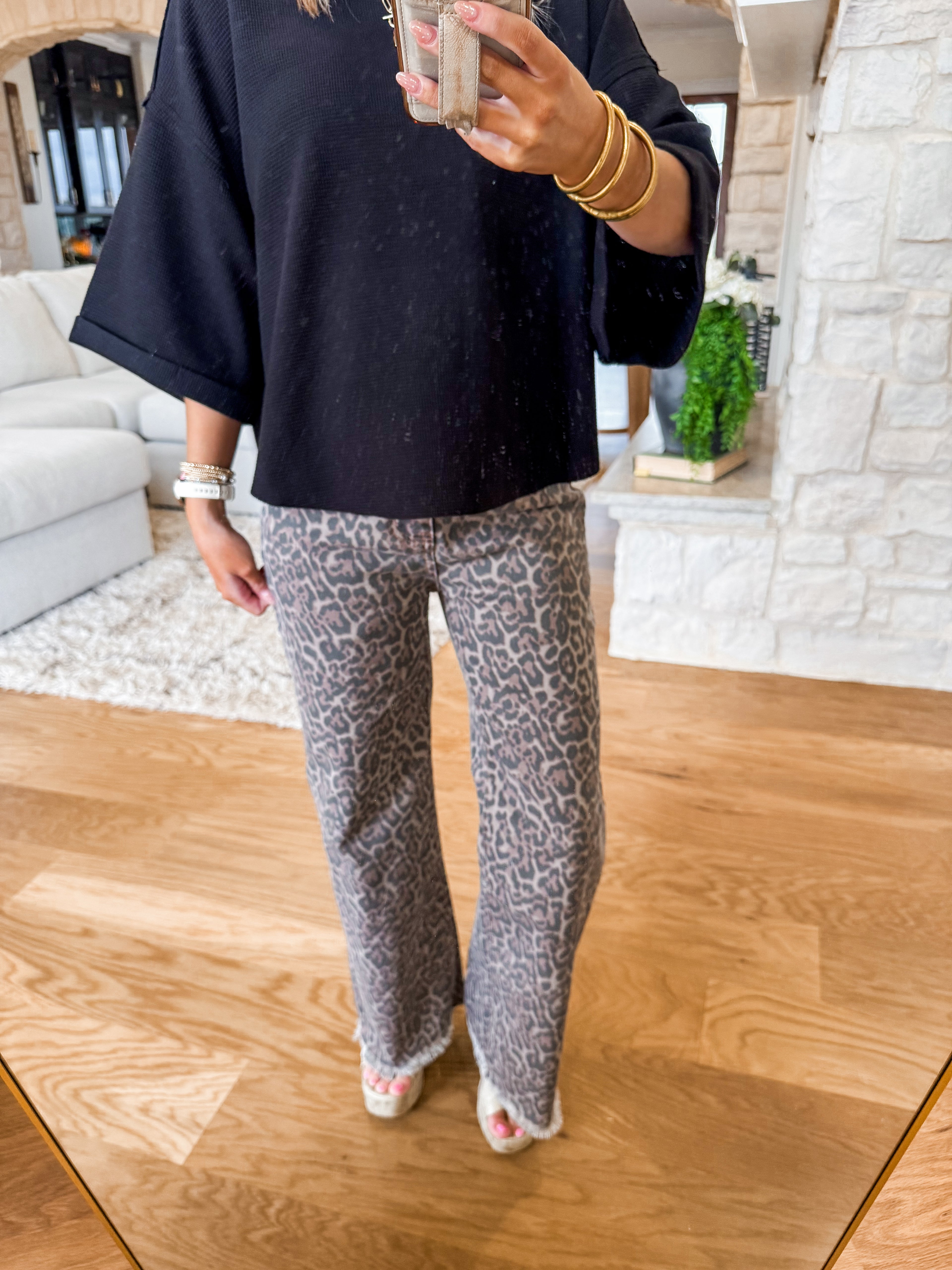 Leopard Frayed Edge Wide Leg High
Waist Jeans